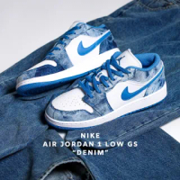 【NIKE 耐吉】Air Jordan 1 Low GS 大童 單寧 牛仔 AJ1 喬丹 女鞋 藍 白(DM8947-100)