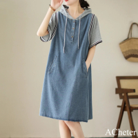 【ACheter】中長版直筒裙寬鬆顯瘦拼接短袖連帽牛仔連身裙洋裝#117062(牛仔藍)