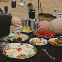 Camping Outdoor Stainless Steel Tableware Set Nature hike Travel Bushcraft Portable Tableware Round Dinner Plate
