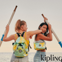 Kipling 黃綠渲染印花雙拉鍊實用後背包-NEW FUNDAMENTAL L