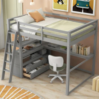 Loft Bed with Desk and Shelves,Two Built-in Drawers,Full Size bed，White/Gray