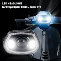 Motorcycle Black LED Headlight With Halo Ring For Vespa Sprint 150 GL / Super GTR