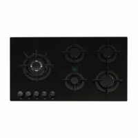90cm Built-in Gas Hob Stove Gas Cooktop Kitchen Gas Stove Five Head Black Glass Surface Electronic ignition