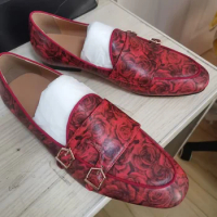 New Fashion Printed Rose Red Shoes Monk Strap Loafers Men Genuine Leather Dress Shoes Slip On Italian Formal Shoes For Men