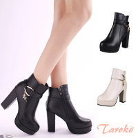 【Taroko】女王架式金屬扣拉鍊粗高跟短筒靴(2色可選)