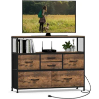 Simoretus TV Stand with Power Outlet and Fabric Drawers Entertainment Center for TV Up To 45 Inch Industrial Open Storage