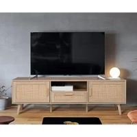 59" TV Stand for up to 65 inches TV, TV Console with 2 Hand Made Rattan Decorated Doors, Living Room Entertainment Center