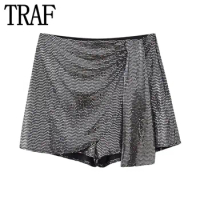TRAF Skorts For Women Shiny Sequin Skirt Pants Knot Mini Skirt Shorts Women High Waist Autumn Women's Skort Stylish Short Skirts