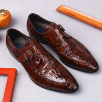 Men's Genuine Leather Loafer Shoes Monk Strap Shoes Black Burgundy Crocodile Pattern Oxford Shoes Simple Wedding Oxford Shoe
