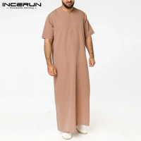 SDKINCERUN lelaki satu warna jubah Saudi a Zipper Jubba Thobe Man Vintage lengan pendek O leher Musl