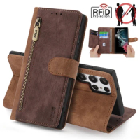 RFID Zipper Leather Wallet Flip Case For Samsung S22 Ultra S21 FE S20 Plus A53 A73 A21S S10 A52 A72 A33 A53 A51 A32 A12 Cover