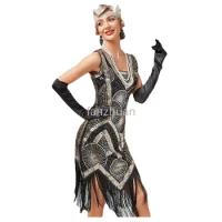 Women's Retro 1920s Beaded Sequined Leaf Art Deco Gatsby Flapper Dress 1920s Style Black Beaded Fringe Flapper Dress S to 3XL