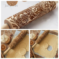 Engraved 3D Flower Printed Pattern Rolling Pin Wooden Embossing Dough Roller for DIY Cookies Tool
