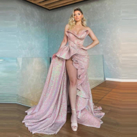 Charming Glitter Mermaid Evening Dressing Gowns Strapless High Slit Ruffles Mermaid Plus Size Dubai Gowns