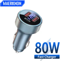 USB Type C Car Charger Fast Phone Charge Digital Display QC 25.5W Fast Charging For iPhone Huawei Samsung Xiaomi 13 Car Adapter