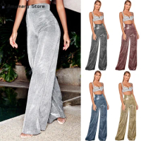 Ladies Sexy High Waist Flash Pants Silver Sequined Flared Pants Disco Party Nightclub Fashion Street Performance Stage Pants
