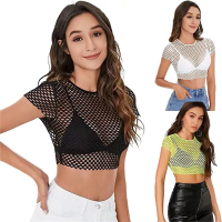 AL  Bán Nóng Sexy Lưới Đánh Cá Thể Thao T Áo Sơ Mi Áo Sơ Mi Ngắn Hở Rốn Lưới Xuyên Thấu