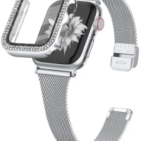 Diamond case+Milanese strap for apple watch band 44mm 40mm 41mm 45mm Slim Loop metal bands bracelet iWatch Series 9 8 7 6 5 4 Se