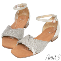 (季末換季出清)Ann’S水洗牛皮-米色麻料扭結木紋跟方頭涼拖鞋-米