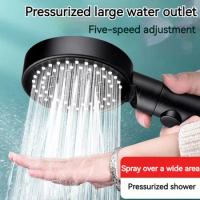 Black Shower Head 5 Modes Knobs Water Stop Round High Pressure Shower Head Hose Set for Bathroom Washroom Accessories ABS