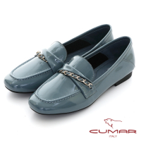 【CUMAR】素面漆皮翻摺裝飾樂福平底鞋-藍