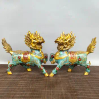 8"Tibetan Temple Collection Old Bronze Cloisonne Enamel Unicorn statue A pair Fire Kirin Ward off evil spirits Town House