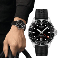 【TISSOT 天梭】Seastar 1000 海星 GMT 雙時區潛水錶(T1208521705100 膠帶款)