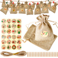 24sets Advent Calendar Christmas Burlap Drawstring Bag Holiday Count Down Gift Packing Idea with Stickers Party Snack Treat Bag