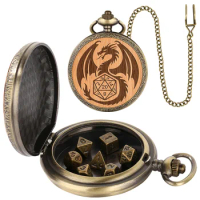 Retro Steampunk Cool Dragon Watch Case with 7 Dices Pocket Chain Souvenir Gift Entertainment Game Dice
