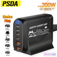 PSDA 2D 6 Ports 200W GaN Power Adapter PD 65W Fast Charger Type-C Charging Station for MacBook iPhone Samsung Xiaomi