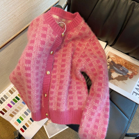 針織開衫復古毛衣清晰粉色格子針織外套女千鳥格甜美軟糯系【聚寶屋】【淘夢屋】