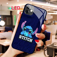 Stitch Luminous Tempered Glass phone case For Apple iphone 13 14 Pro Max Puls mini Luxury Fashion RGB LED Backlight new cover