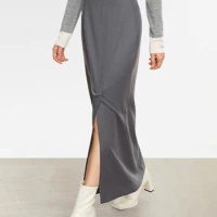 AMII Minimalist Blazer Skirts for Women 2023 Winter New Long Office Lady Basics Straight High Slit Solid Skirt Female 12354024