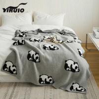 YIRUIO Kawaii Cartoon Panda Knitted Blanket Autumn Winter Warm Cozy Soft Beige Gray Microfiber Downy Bed Sofa Decorative Blanket