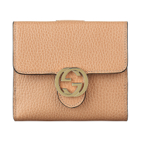 GUCCI 古馳 雙G金屬大LOGO牛皮10卡雙扣式短夾(展示品/駝)