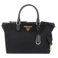【PRADA 普拉達】品牌標尼龍皮飾邊兩用船型斜背/手提包(黑色)