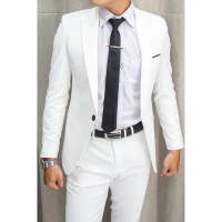 Bộ vest nam ôm body màu trắng (áo vest + quần + cà vạt + kẹp + hôp đựng làm quà)