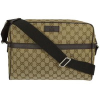 【GUCCI 古馳】經典款雙G緹花布記者包商務包包斜背包(駝咖)