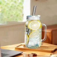 1PC Mason Jar Mugs with Handles Old Fashioned Glass Bottle Juice Drink Clear Glass Water Bottle With Cover Straw Drinkware Cup