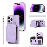 For Apple iPhone 14 Pro Max Plus 13 12 11 X XS 6 7 8, Leather Zipper Handbag Wallet Case, with Detachable Lanyard Strap