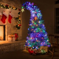 6 FT White Christmas Tree with 300 Colorful LED Lights, Bent Top With Gold Star