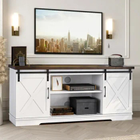 Entertainment center with 65 inch TV media console cabinet, white barn door TV cabinet with storage and shelves free of shipping