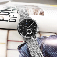 【Tommy Hilfiger】簡約三眼 休閒都會 礦石強化玻璃 星期日期 米蘭編織不鏽鋼手錶 黑色 44mm(1710498)