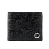 【GUCCI 】金屬縫線雙G Logo牛皮雙色6卡短夾(黑色/綠色)