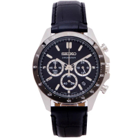 【SEIKO 精工】日本國內販售款三眼計時皮革錶帶手錶-黑面X黑框/40mm(SBTR021)