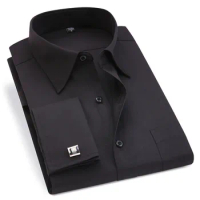 Classic Black French Cufflinks Men's Business Dress Long Sleeve Shirt Lapel Men Social Shirt 4XL 5XL 6XL Regular Fit