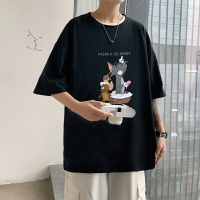 貓和老鼠印花短袖t恤男士ins潮牌夏季潮流寬松大碼五分袖衣服港風