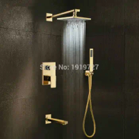 Gold Brass Rainfall Shower Head Widespread Waterfall Tub Mixer Tap Bathroom Bath Shower Faucet Set Wall Bathroom Shower System