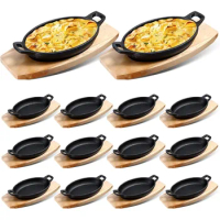 12 Sets Cast Iron Skillet with Wooden Base Mini Fajita Plates Oval Dish Tray Serving Sizzling Plate Pan