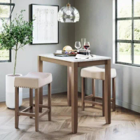 Nathan James Viktor Three Piece Dining Set, Kitchen Pub Table, with White Marble Table Top, Light Brown Wood Base, Light Beige